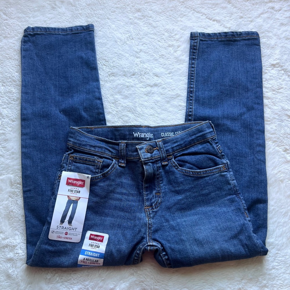 Wrangler Boys Five Star Premium Straight Leg Jeans Blue 8 Regular‎ NWT Stretch